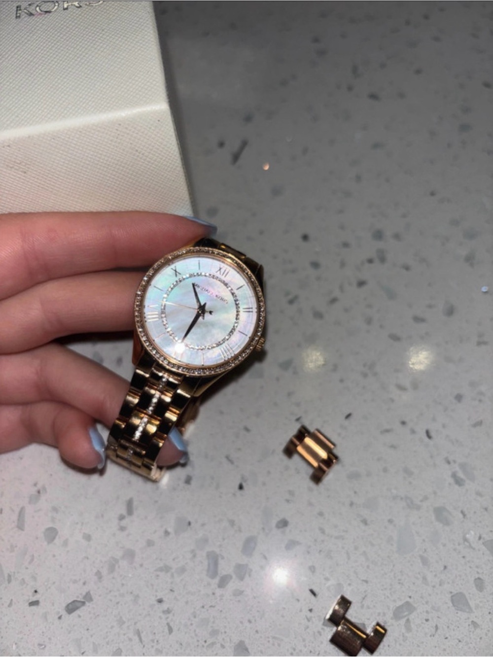 Michael Kors Rose Gold Tone Watch with Mother of Pearl Dial and Crystal Bezel